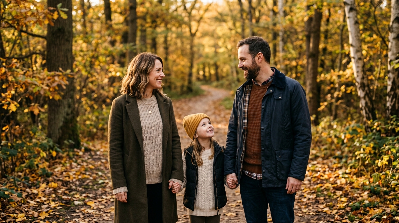Familie beim Herbstspaziergang, Eltern halten Hand mit Kind zwischen sich