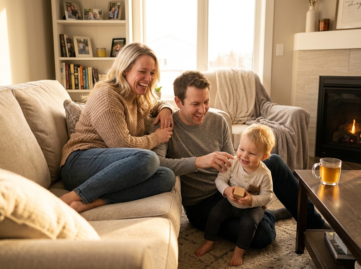 Familie zusammen im Wohnzimmer, ruhiger Moment